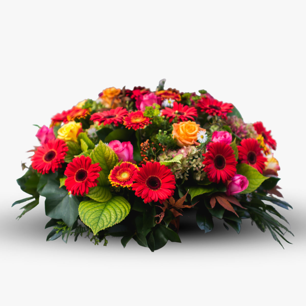 Aranjament funerar cu gerbera rosii